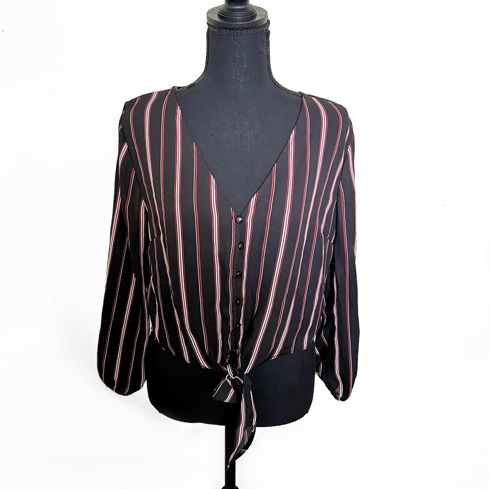 Ambiance Red White Black Stripe Blouse Top Size M